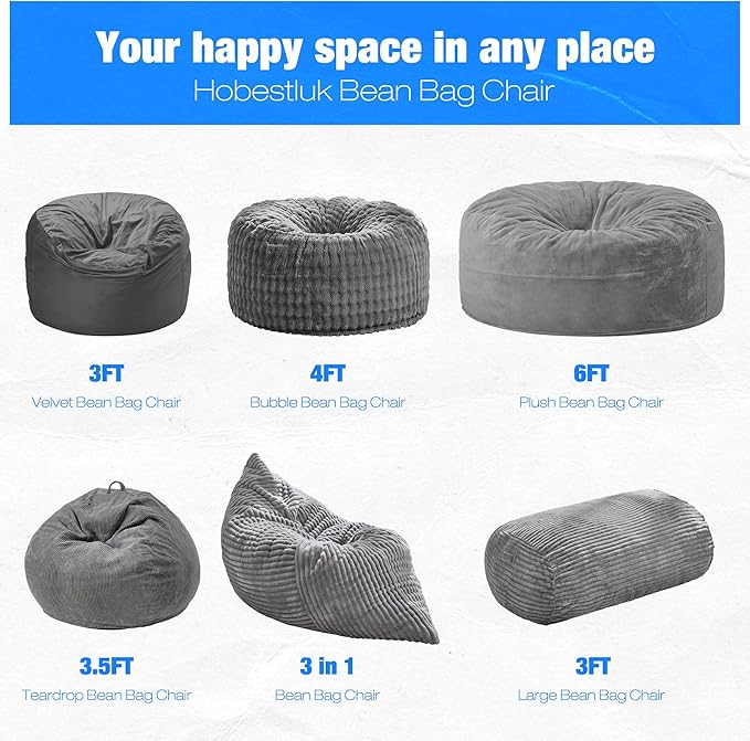 Hobestluk 3FT Bean Bag Chairs Adult Bean Bag with Portable Handle Comfy Large Bean Bag Chair with Removable Cover for Living Room Bedroom or Reading Nook (Stripe Grey, 3FT)