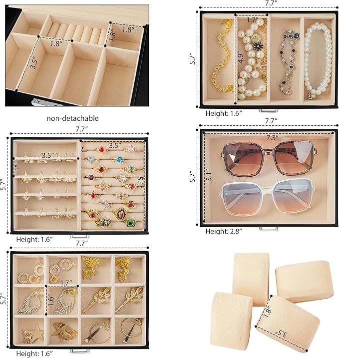 AKOZLIN 5-Tier Jewelry Box Lockable Leather Jewelry Storage Case with 4 Drawers for Women Girls Ring Necklace Earring Bracelet Watches Holder Organizer with Mirror