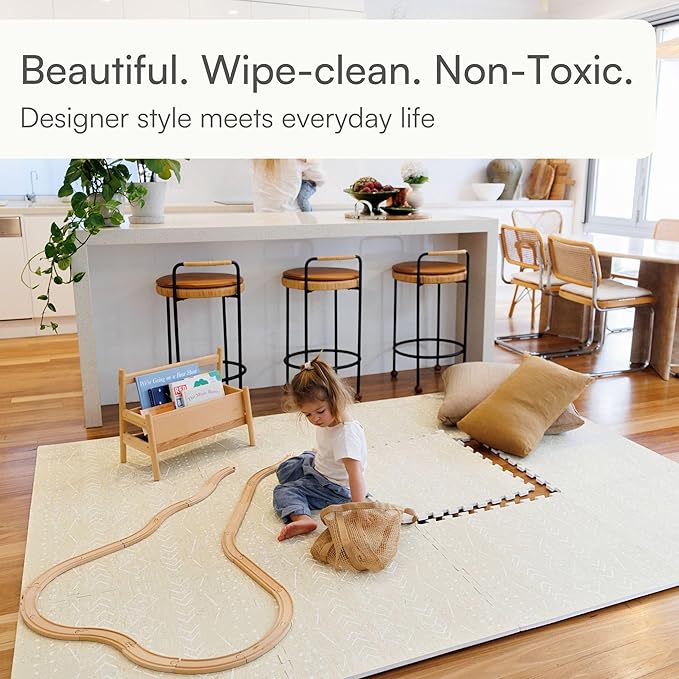 Baby Play Mat for Floor – 6x8ft Beige | Soft Non Toxic Premium EVA Foam Tiles for Tummy Time, Crawling & Playroom – Waterproof Interlocking Floor Mat for Babies & Toddlers by Lillefolk (12 Tiles)