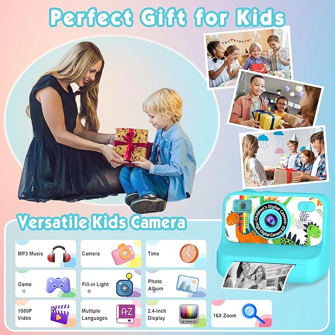 Kids Camera, Upgrade Kids Camera Instant Print, Front Rear Dual Selfie Digital CAM with 1080P Videos, Portable Travel Toy with Games and Music, Christmas Birthday Gift for Boys, Girls and Teens
