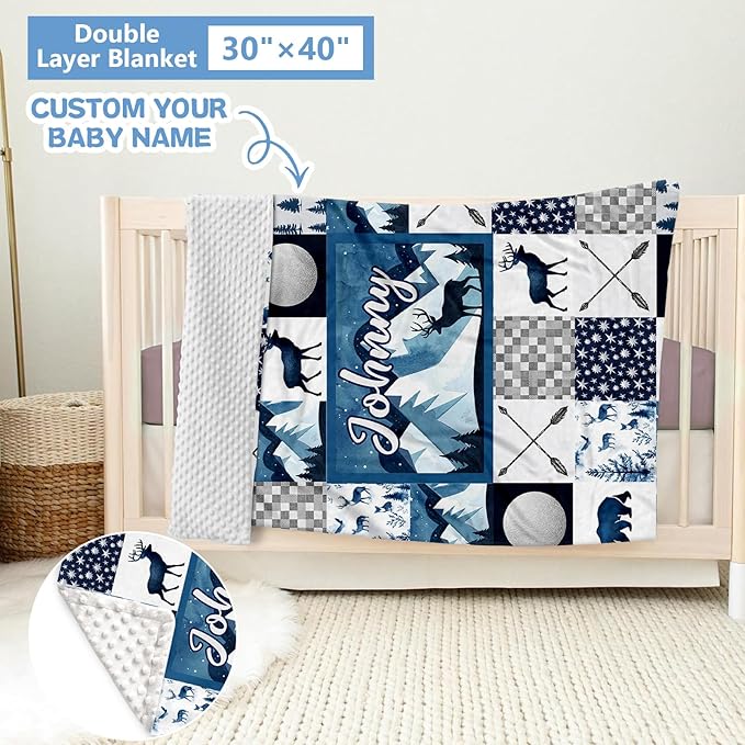 Custom 5-Piece Baby Crib Bedding Set, Personalized Name for Toddlers, Blue Deer Nursery Set for Boy Girl, Double Layer Infant Crib Set, Customized Gifts