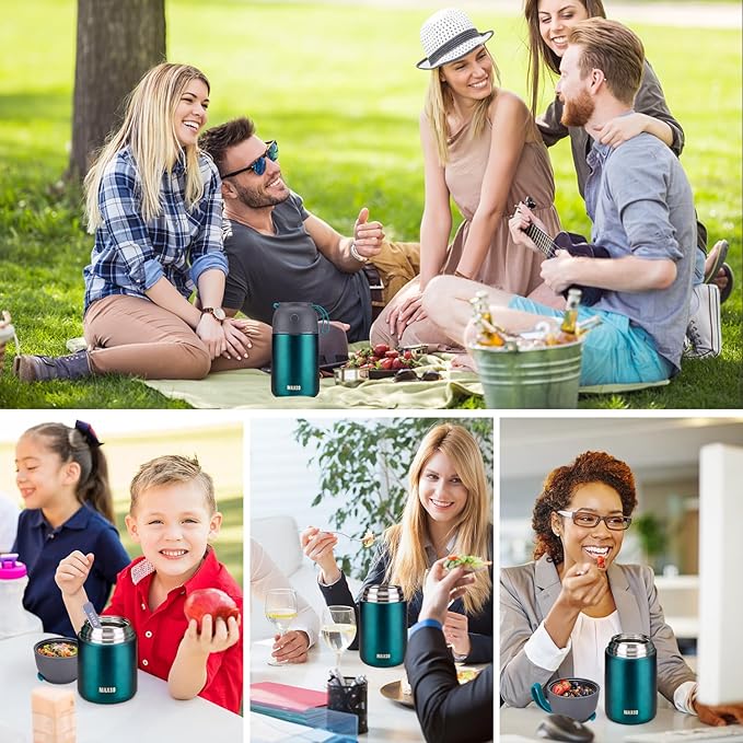 Insulated Thermo Food Jar for Hot & Cold Food for Kids Adult, 17&24 oz Soup Thermal Hot Food Containers for Lunch, Triple Layer Insulation Stainless Steel Food Jar with Spoon(2 Pack Green)