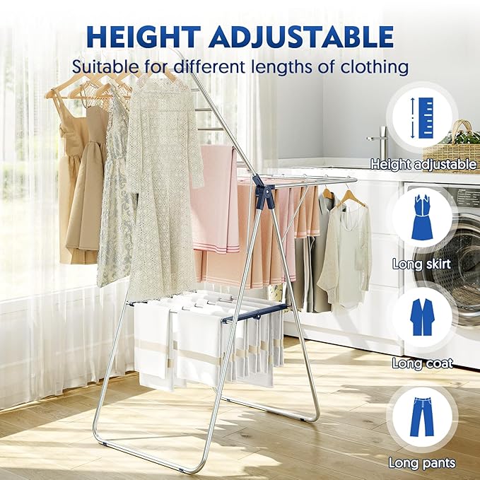 APEXCHASER Clothes Drying Rack, Stainless Steel Drying Rack Clothing with Height-Adjustable, Foldable Gullwings Laundry Drying Rack, Indoor Outdoor Use, No Assembly
