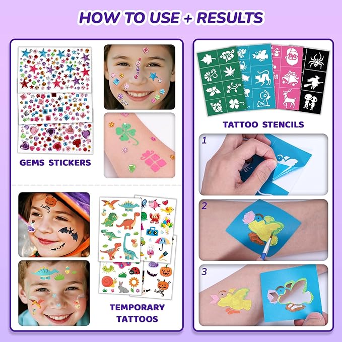 Face Painting Kit for Kids with 24Colors, Rainbow Cakes, Stencils, Gem Stickers, Glitter, Brushes, Temporary Tattoos – Non-Toxic Washable Face Paint for Halloween, Birthday Party, School Events