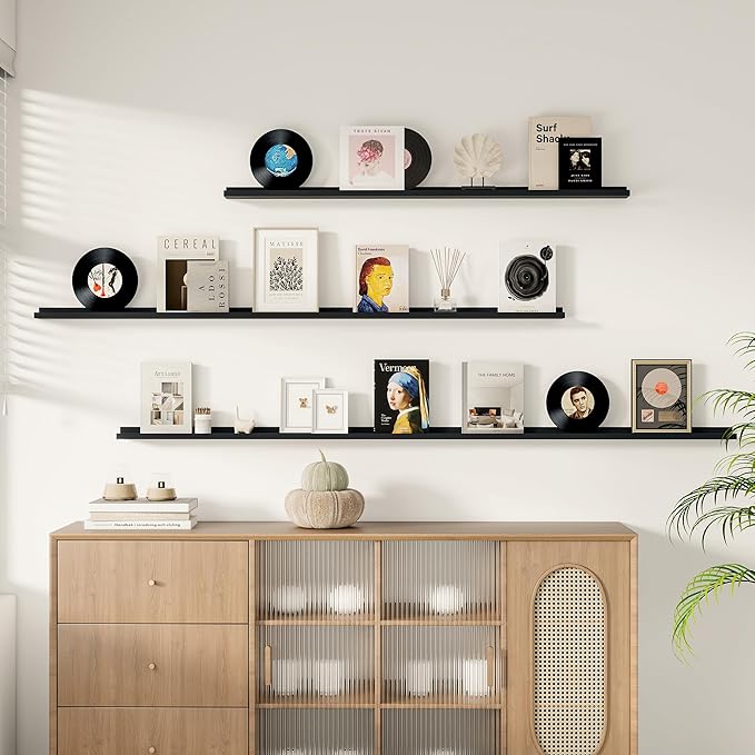 Floating Picture Ledge Shelves for Wall Set of 2, 55 Inches Picture Shelf with Ledge, Nursery Book Shelf for Toys Storage Kids Bookshelf Wall Mounted Living Room Bedroom Decor Frames, Black