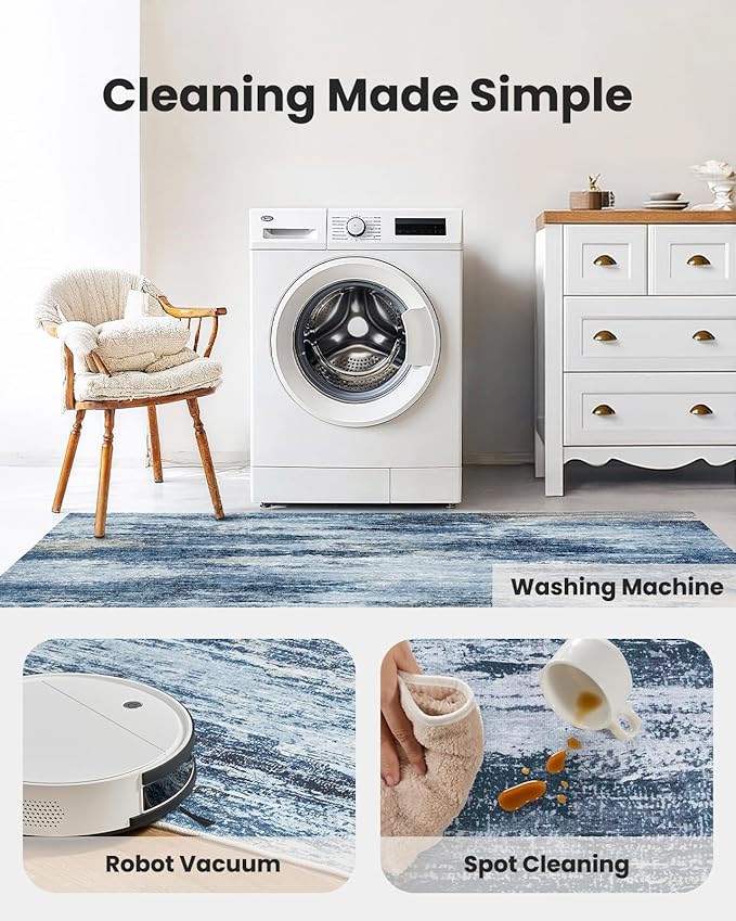 Amada 8x10 Area Rug, Modern Abstract Living Room Rug with Non-Slip Backing & Short Pile, Large Washable Rug with Abstract Pattern for Living Room, Bedroom and Dinning Room, Blue