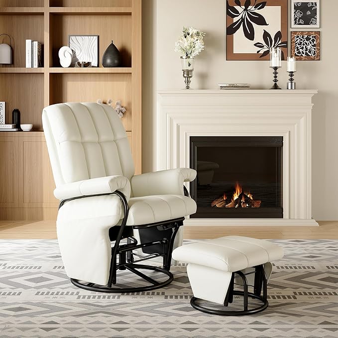 AODAILIHB Swivel Glider Recliner with Ottoman, 360 Rocking Chair with Foot Rest Recliner Chair Indoor Rocking Chair with Side Pockets Nursery Chairs for Living Room, Bedroom, Office (White)