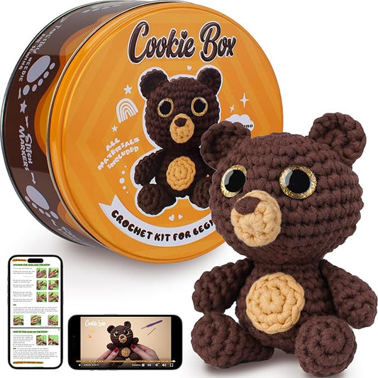 Cookie Box Crochet Kit for Beginners - Learn to Craft Amigurumi Stuffed Animals - Knitting Gift for Kids and Adults - Beginner-Friendly Yarn - Stitch-by-Stitch Video Tutorial - Bear Bruno