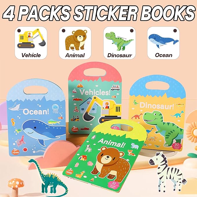4 Sets Sticker Books for Toddlers 2-4 Years, 122 Pcs Puffy Stickers for Kids, 3D Sticker Books for Toddlers 1-3, Toddler Airplane Travel Essentials for Kids