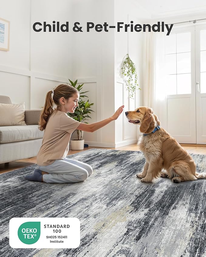 Amada 8x10 Area Rug, Modern Abstract Living Room Rug with Non-Slip Backing & Short Pile, Large Washable Rug with Abstract Pattern for Living Room, Bedroom and Dinning Room, Light Grey