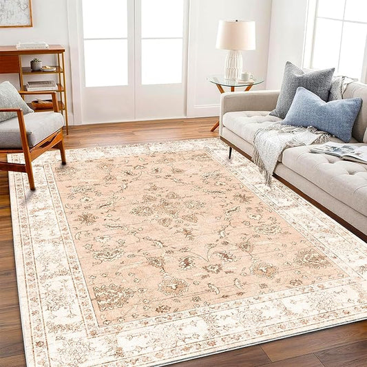Area Rug 9x12 Washable Tangerine Vintage Traditional Mat Distressed Indoor Foldable Thin Retro Accent Floral Print Rug Non Slip Carpet Living Room Dining Room Office