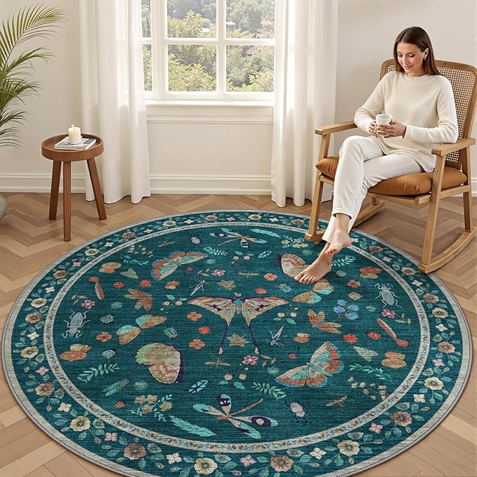6ft Washable Round Rug - Bug Rugs for Living Room Non-Slip Low Pile Soft Ultra-Thin Machine Washable Circle Carpet for Bedroom, Entryway, Nursery, Kitchen, Home Office (6' Round Teal)