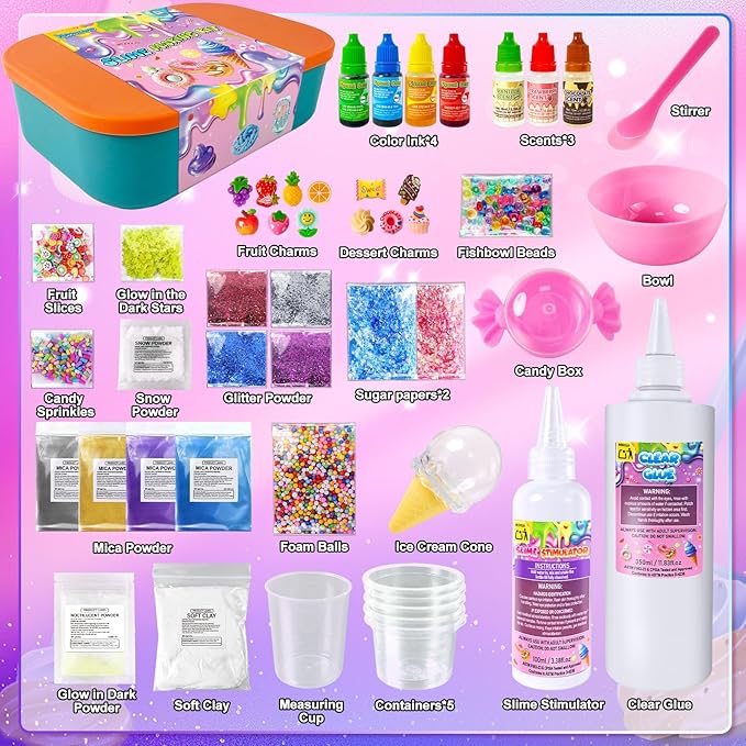 DIY Slime Kit for Girls, Galaxy & Glow in The Dark Slime Making Kit for Kids 6-12, Glimmer Crunchy, Butter & Cloud Slime Kit with Add-ins, Foam Balls, Charms, Glitters, Gift Toys for Boys Girls