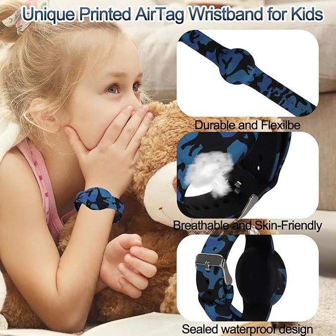 4 Pack Waterproof AirTag Bracelet for Kids, Hidden Printed Wristband for Apple Air Tag, Silicone AirTag Holder GPS Tracker Case for Band for Child Toddler, Secure Anti-Lost Protection