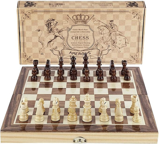 Amerous Chess Set, 12"x12" Folding Wooden Standard Travel International Chess Board Game Set with Magnetic Crafted Pieces For 2 Players