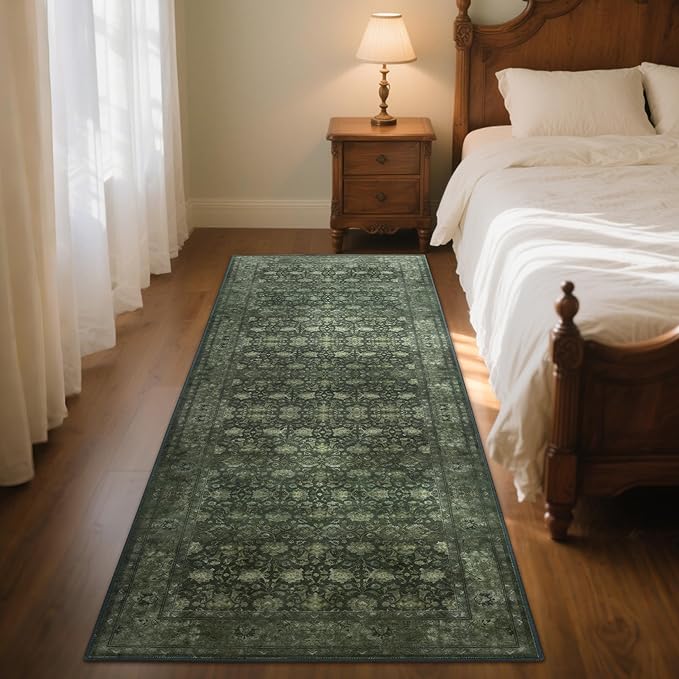 2'6x8' Washable Runner Rug for Hallway, Non Slip Vintage Floral Long Carpet Runners for Entryway, Kitchen, Bathroom, Bedroom, Low Pile Laundry Rugs Rubber Backing (Distressed Green)