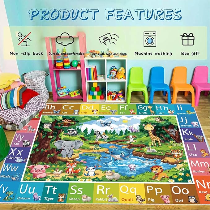 ABC Rug for Kids Room, ABC Baby Mats for Floor Toddlers, Alphabet Play Mat Elementary Preschool Kid's Rugs with Animal Illustrations - (59X39.4 Inches)