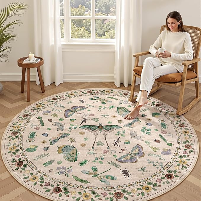 4ft Washable Round Rug - Bug Rugs for Living Room Non-Slip Low Pile Soft Ultra-Thin Machine Washable Circle Carpet for Bedroom, Entryway, Nursery, Kitchen, Home Office (4' Round Beige)