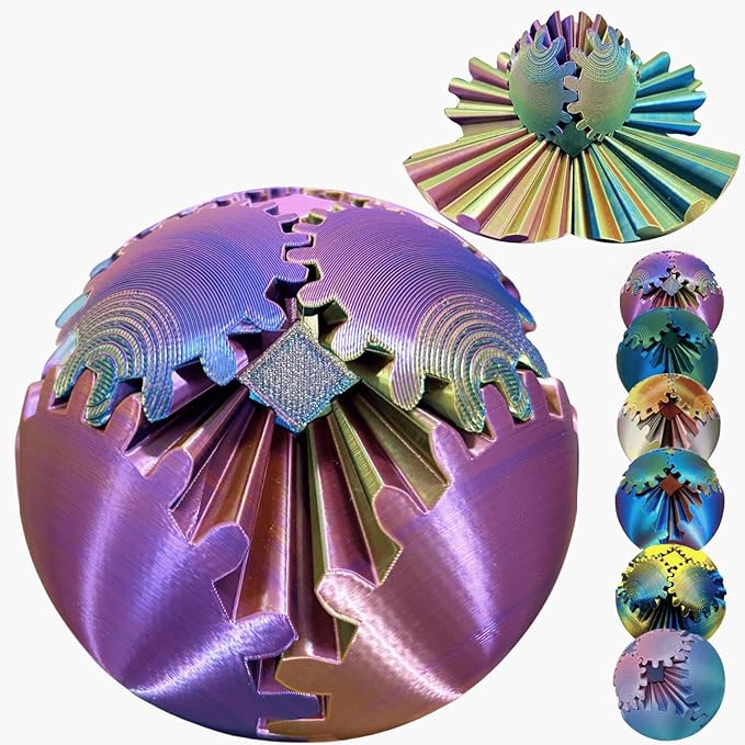 Gear Ball, 4.2in 3D Printed Gear Ball Spin Ball Cube Fidget Toys, Gear Sphere, Gear Ball Fidget Toy, Stress Ball, GearSphere Desk Toy, Fidget Balls, Gear Toy for Anxiety Relaxing (Laser Purple Blue)
