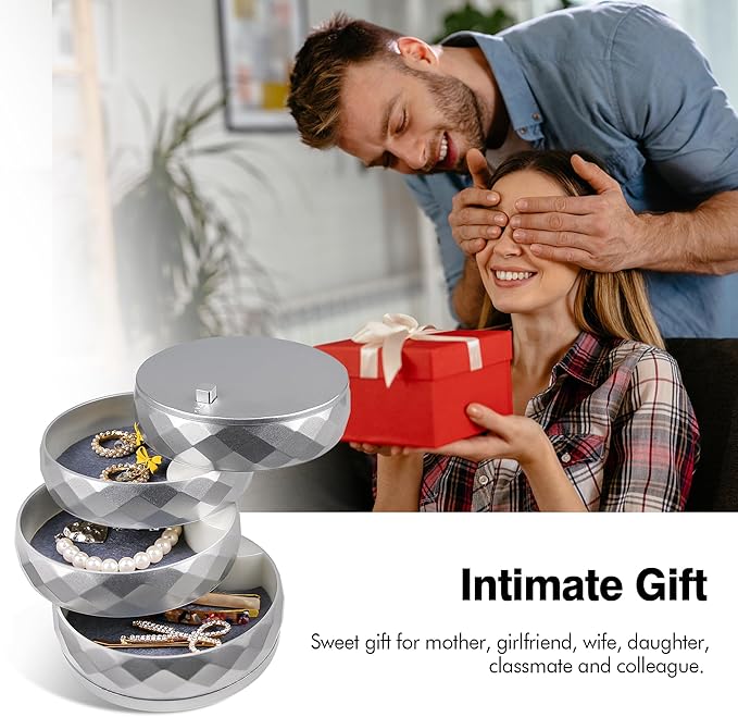 CONBOLA Travel Jewelry Case Box, Small Jewelry Organizer Earring Holder for Women, 5-Layer Rotating Jewelry Storage Tray with Lid for Bracelets Rings Bracelets