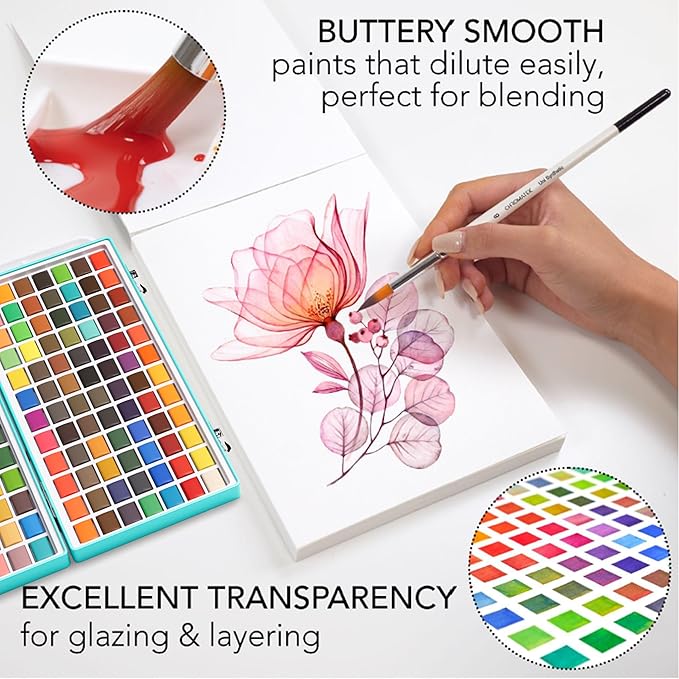CHROMATEK Watercolor Paint Set – 128 Vibrant Colors for Artists & Beginners with Palette – Includes Metallic, Fluorescent, Pastel & Opaque Shades, Brushes, Pad, Swatch Sheets & Travel Case