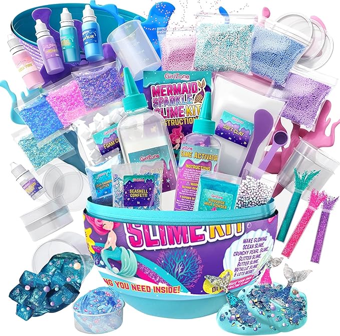 GirlZone Giant Mermaid Sparkle Egg Slime Kit - Large Multicolor Set - Glow-in-The-Dark & Glitter Add-Ins with Built-in Egg Mixing Bowl, Foam Balls & Mermaid Charms - Slime Kit for Girls Ages 8-12