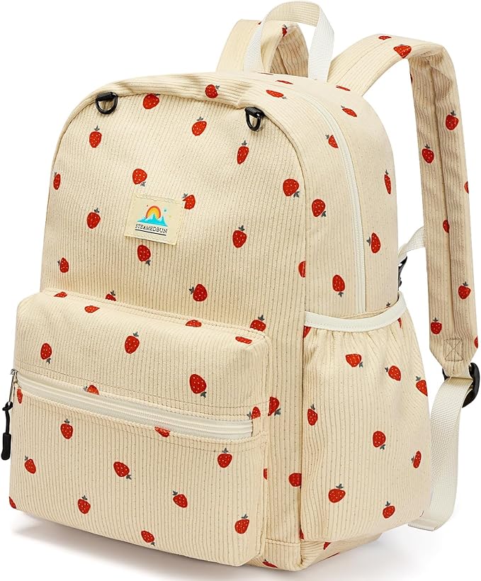 Corduroy Kids Backpack for Girls and Boys 5-8: Girls Backpack for Elementary Kindergarten - 15 inch Cute Backpacks for Kids - Strawberry