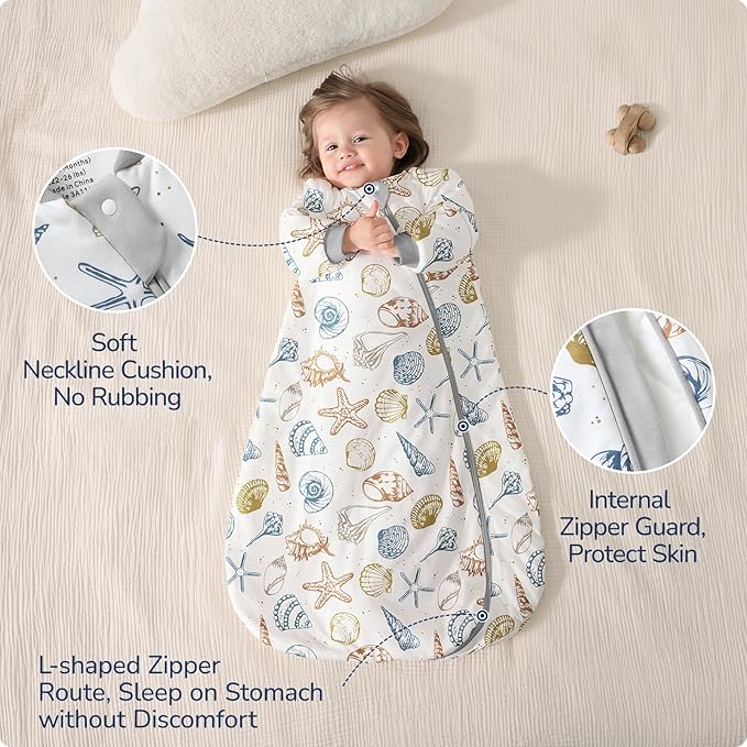 Baby Sleep Sack 3-6 Months, Cotton Detachable Long Sleeve Sleep Sack, 2.5 Tog Toddler Sleeping Sack with Temperature Strips, 2-Way Zipper Wearable Blankets for Newborns, Ocean