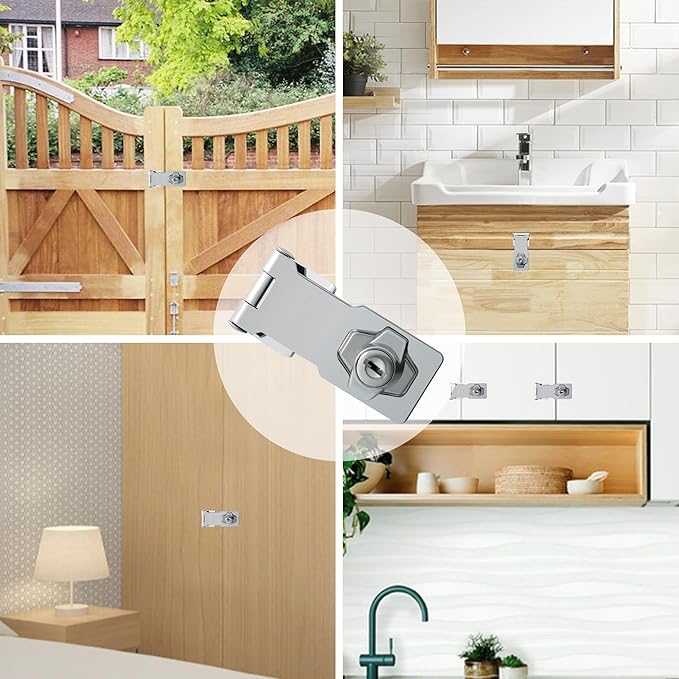 Alise Keyed Hasp Lock,4 Inch Safety Packlock Clasp Hasp Lock Latch with Lock,Door Hinge Lock with Keys Keyed Locking Hasp for Cabinets Closets Doors,Chrome