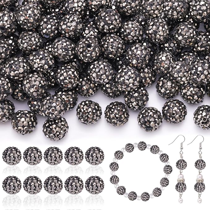 105pcs 10mm Rhinestone Beads for Jewelry Making, Hematite Shiny Round Disco Ball Beads Bulk, Sparkle Crystal Clay Christmas for Bracelet Baseball Necklace Earring Crafting and DIY