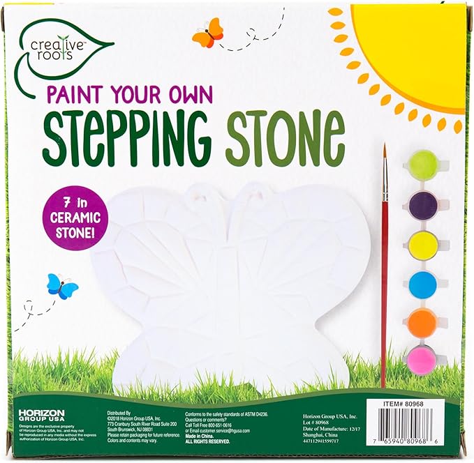 Creative Roots Mosaic Butterfly Stepping Stone Kit, Includes 7-Inch Ceramic Stepping Stone & 6 Vibrant Paints, Paint Your Own Stepping Stone, DIY Stepping Stone for Kids Ages 8+ White