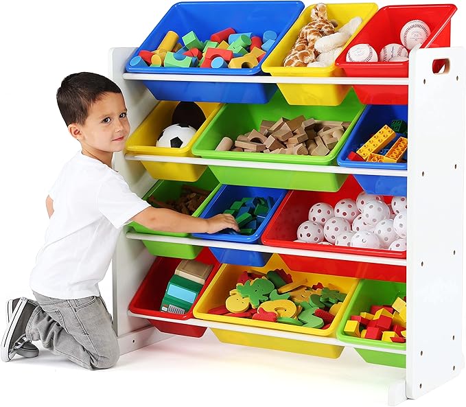 Humble Crew Kids Toy Storage Organizer with 12 Plastic Bins, White/Primary – Removable Bins for Playroom, Bedroom, Toddler Furniture for Boys and Girls Ages