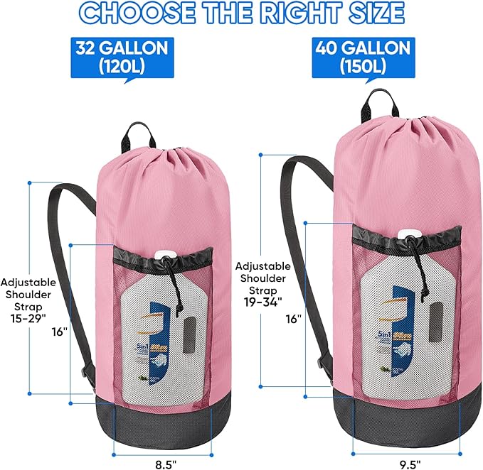 BALEINE 150L Laundry Bag Backpack, 900D Oxford Fabric Large Travel Laundry Bags with Shoulder Straps and 2 Mesh Pockets for College Dorm, Apartment, Laundromat (Pink, 150L)