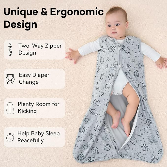 Baby Sleep Sack 6-12 Months 3 Pack 100% Cotton Lightweight 0.5 TOG Wearable Blanket Baby Sleep Bag with 2-Way Zipper for Newborn Infant White Gray Blue Space