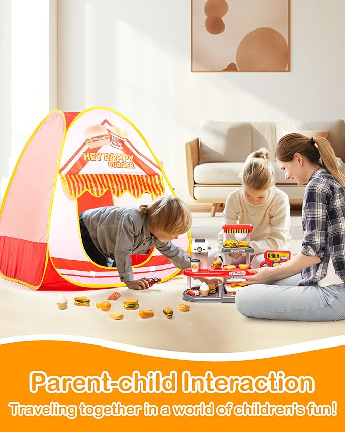 Kids Play Tent, Pop Up Play Tent Burger Theme with Complete Toy Set, Play Toys Play Set for Kids Indoor Outdoor Pretend Play