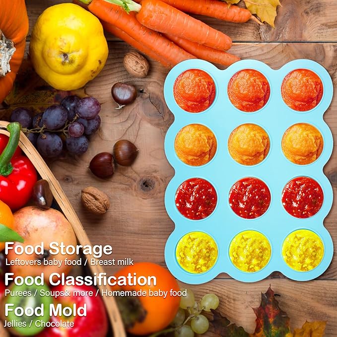 3 Pcs Baby Food Storage Container 12 Cup Silicone Baby Food Freezer Tray with Lid Stackable Reusable Silicone Baby Food Freezer Storage Tray for Food Vegetable Fruit Puree and Breast Milk (Blue)