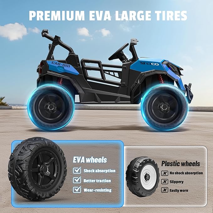 24V 2 Seater Ride on Car Truck, 4x200W, EVA Tires, 4WD/2WD, Remote Control, Rainbow Lights, Shock Absorbers, Bluetooth, Ride On UTV Toy for Kids Ages 3-8, Blue