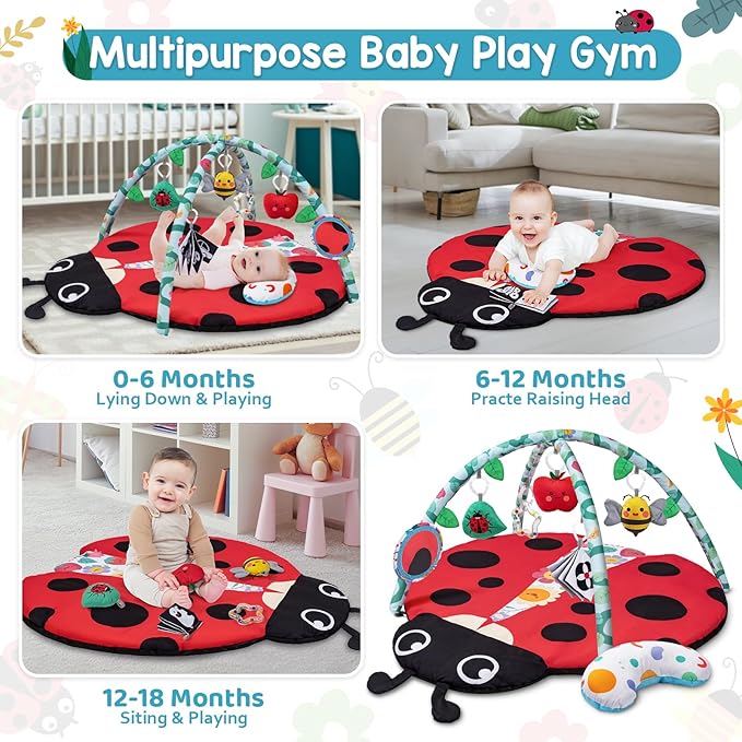 Jyusmile Baby Play Gym Mat, 8-in-1 Tummy Time Mat with 6 Toys, Washable Baby Activity Mat for Visual, Hearing, Sensory, Motor Development, Baby Essentials Gift for Newborn Infant 0-3-6-9-12 Months
