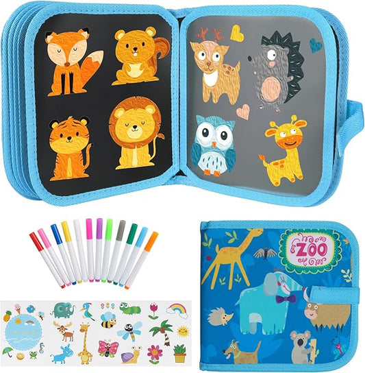 Erasable Doodle Set for Kids - Reusable Magic Drawing Book with 12 Watercolor Pens 14 Page Drawing, Road Trip Car Game Writing Painting Set for Boys and Girls (Zoo Blue)