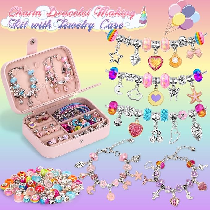 Girls Charm Bracelet Making Kit with Jewelry Case for Kids Charm Pendant Bracelet Kit DIY Jewelry Making Art & Craft for Kids Age 8-12 Birthday Gifts Valentine Christmas