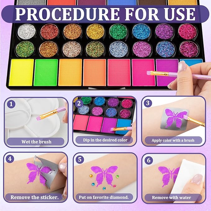 42 Colors Kids Face Painting Kit,Non Toxic Water Activated Face Paint Palette with 5 Reusable & 45 Sticky Stencils,11 Brushes,2 Gems.Ideal for Mardi Gras,Halloween,Christmas,makeup,Parties,Makeup etc.