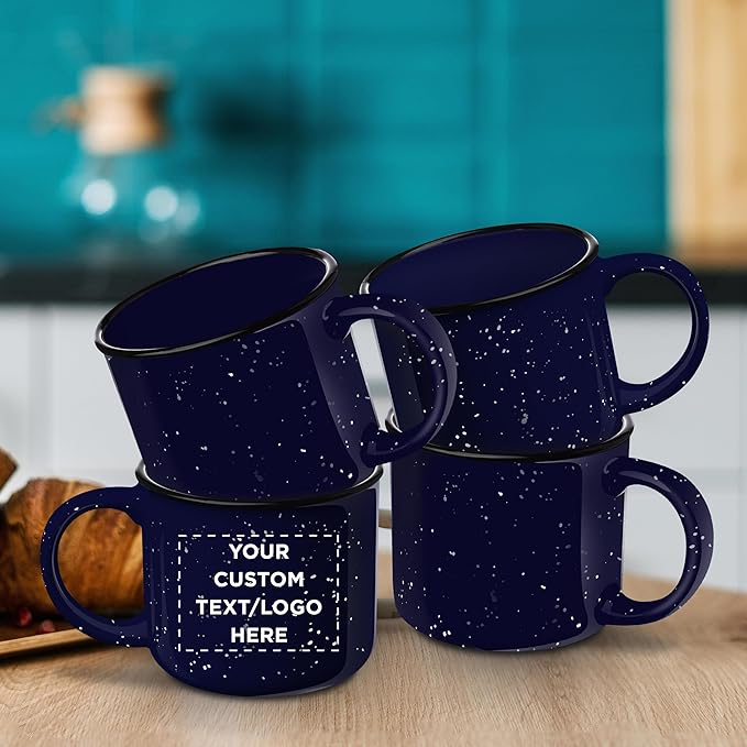 DISCOUNT PROMOS Custom Ceramic Campfire Coffee Mugs 13 oz. Set of 50, Personalized Bulk Pack - Perfect for Tea, Espresso, Cappuccino, Hot Cocoa - Blue