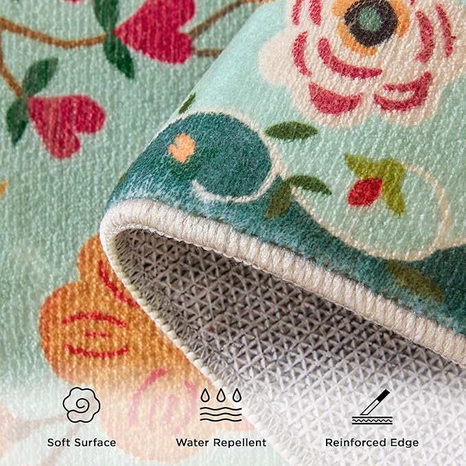 3x5 Area Rug, Floral Green Washable Rug for Entryway, Non Slip Flower Area Rugs, Soft Low Pile Indoor Doormat Small Carpet, Rugs for Living Room Bedroom Nursery Kitchen Dining Room, Sage Green