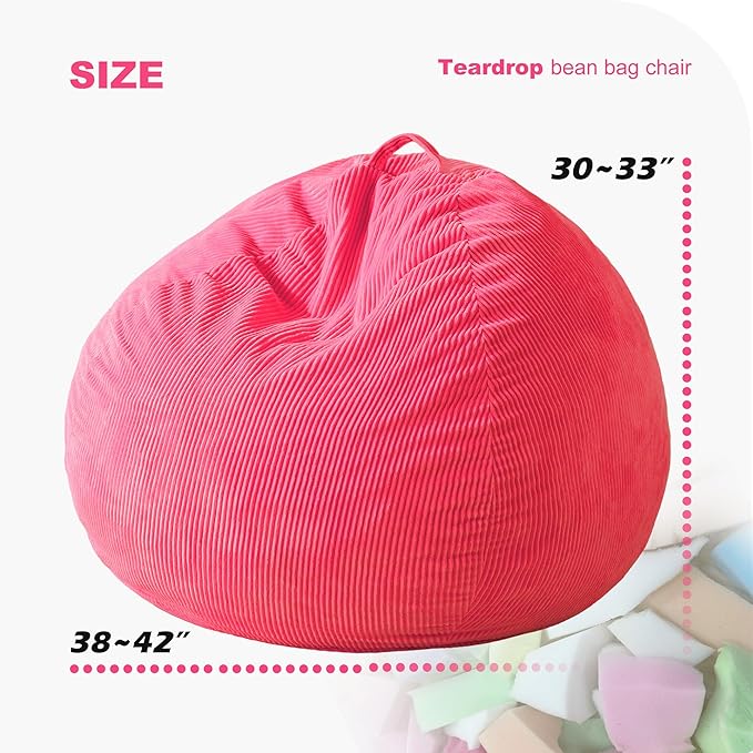 Homguava 3.5FT Bean Bag Chair: Teardrop Bean Bags with Memory Foam Filled, Compact Beanbag Chairs Soft Sofa with Corduroy Cover (Pink)
