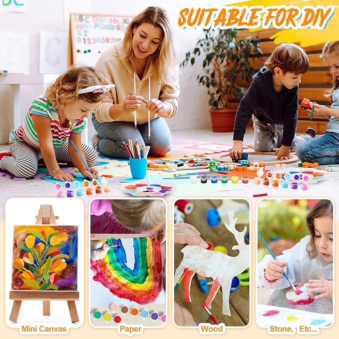 Fulmoon 48 Set Acrylic Paint Kits for Kids Adults Washable Mini Painting Kit Arts Crafts Party Favors Filled Strips Brushes Palettes Bulk for Classroom Home Kit Supplies (Vivid Color)