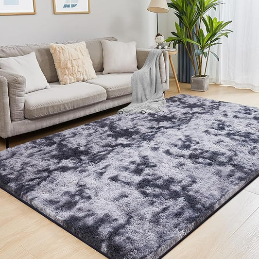 Fluffy Area Rug, 4x5.8 Tie-Dyed Dark Grey Rugs for Bedroom, Soft Plush Area Rugs for Living Room, Nursery, Study Room, Dressing Room, Home Decor