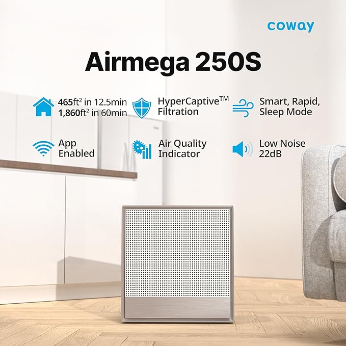 COWAY Air Purifiers for Home Large Room Up to 930 ft², Washable Pre-Filter and True HEPA Filter for Smoke, Allergies, Pet Dander, Odor, AQI, App Control, Smart & Rapid Mode, 3yr Warranty, 250S