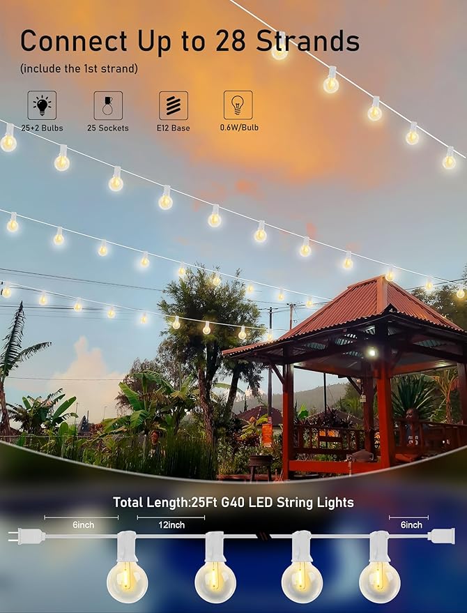 25Ft LED Outdoor String Lights, G40 Globe Patio String Lights Waterproof with 27 Shatterproof Bulbs, Hanging Outdoor Christmas Decorations Lights for Backyard Garden Bistro Wedding Party Decor, White