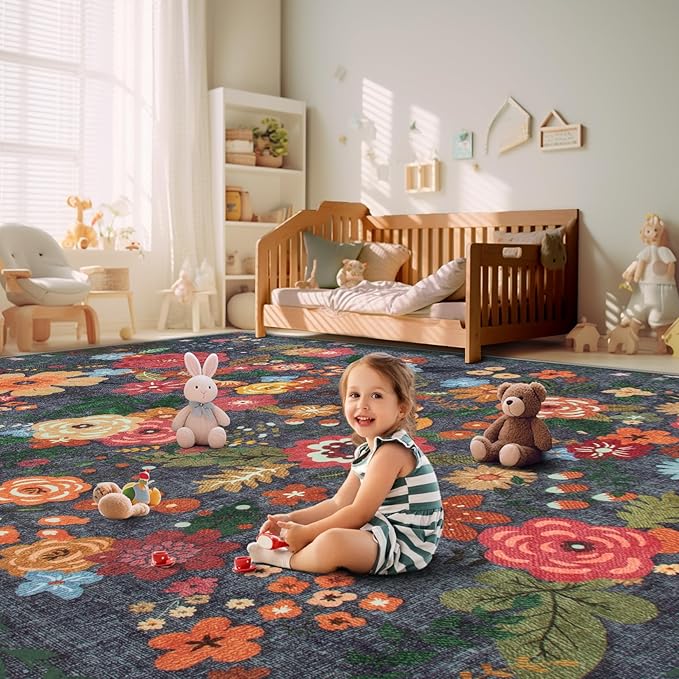 8x10 Area Rug for Living Room: Vintage Floral Washable Rug Soft Boho Non Slip Carpet Large Indoor Floor Non Shedding Low Pile Thin Carpets for Bedroom Dining Room Farmhouse Nursery Home Office Black