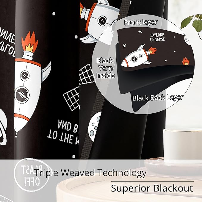 Kids Space Rocket Blackout Curtains - 100% Blackout, Thermal Insulated, Noise Reducing, Perfect for Kids Room and Nursery, 2 Panels (Blast-Off Moon Mission, W52×L63)